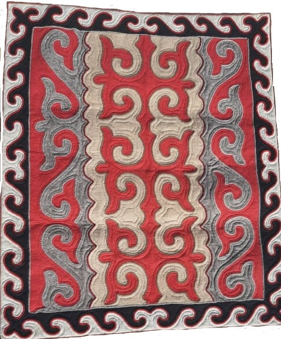 Grey, Red, Tan with Dark Brown Border Felt Rug