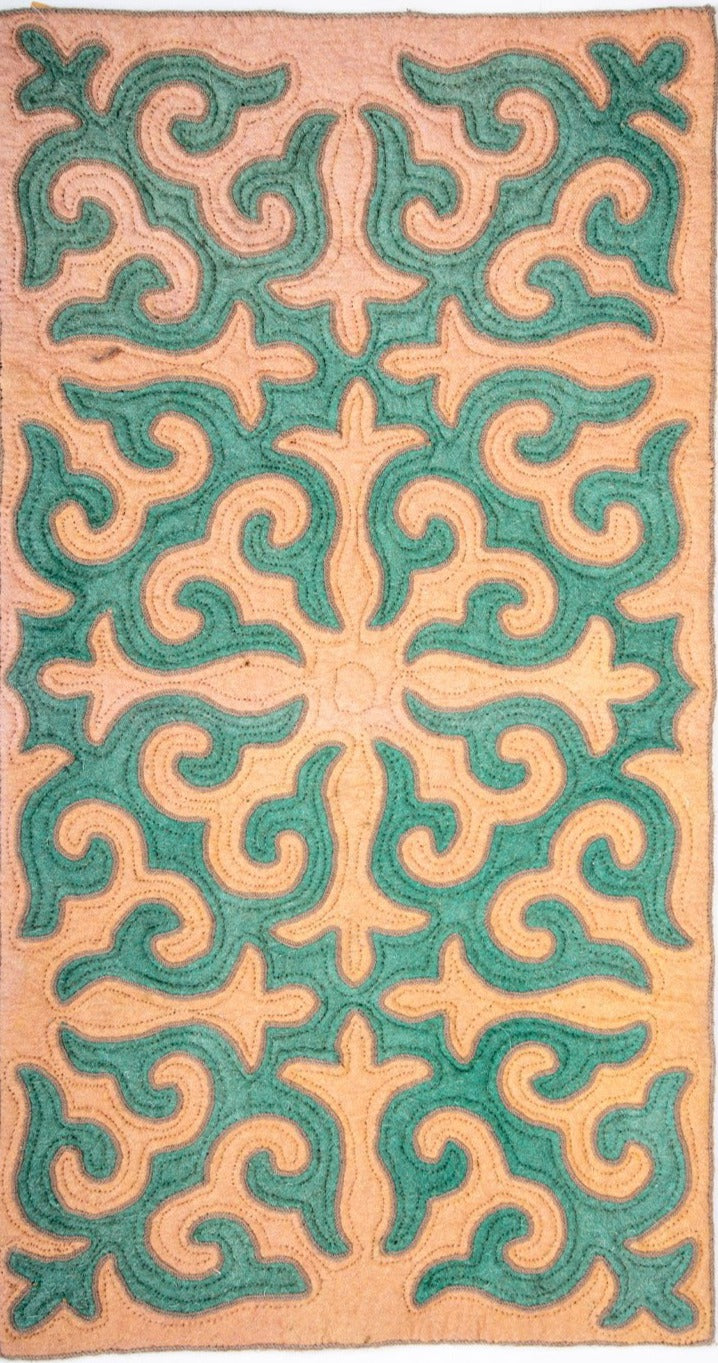 Yellow Tan and Green Wool and Felt Rug
