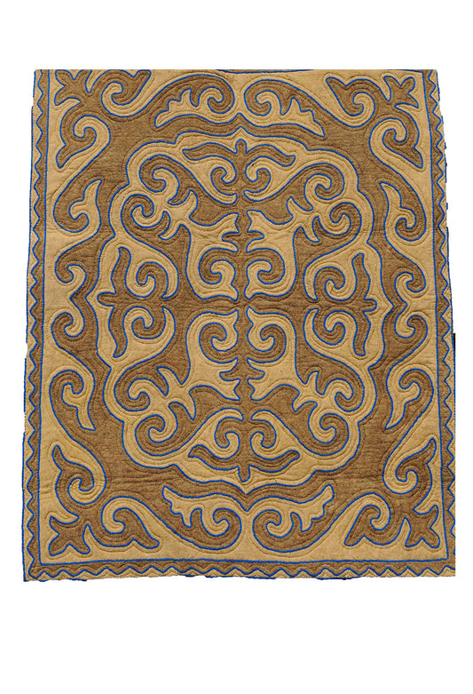 Brown and Tan Felt Rug with Blue Trim