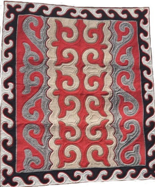 Grey, Red, Tan with Dark Brown Border Felt Rug