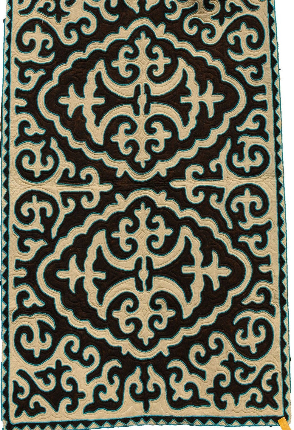 Brown and Tan Felt Rug with Blue Trim