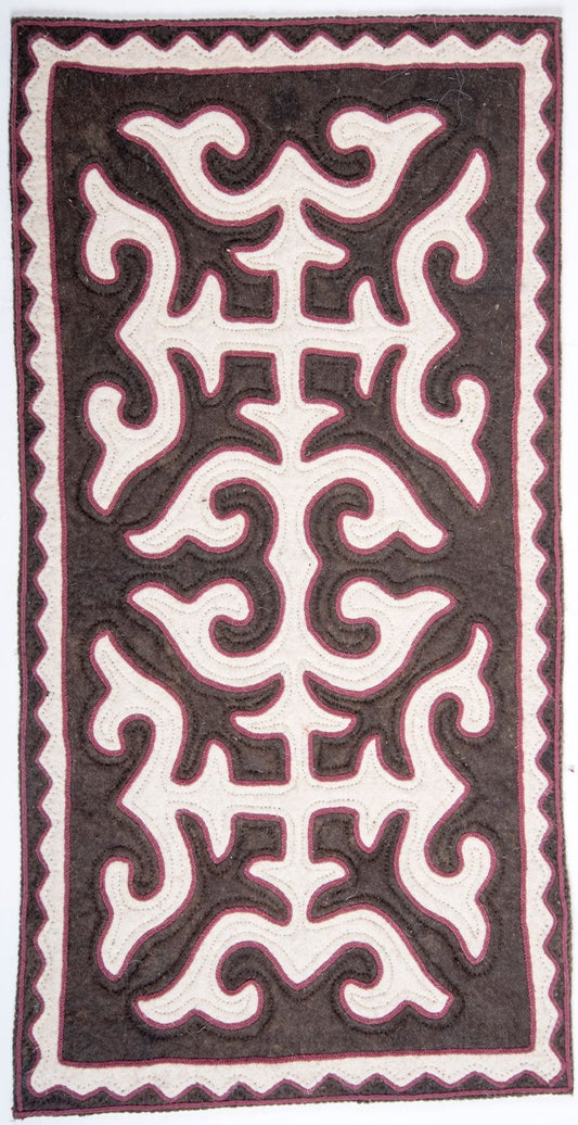 Brown Felt Rug with White Patterns with Burgundy Trim