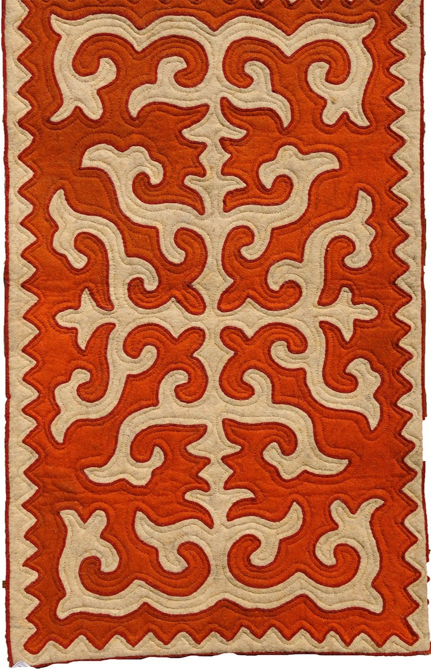 Red Felt Rug with Beige Shapes with Dark Red Trim
