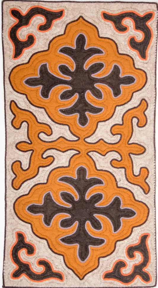 Tan Felt Rug with Brown and Orange Shapes with Orange or Grey Trim